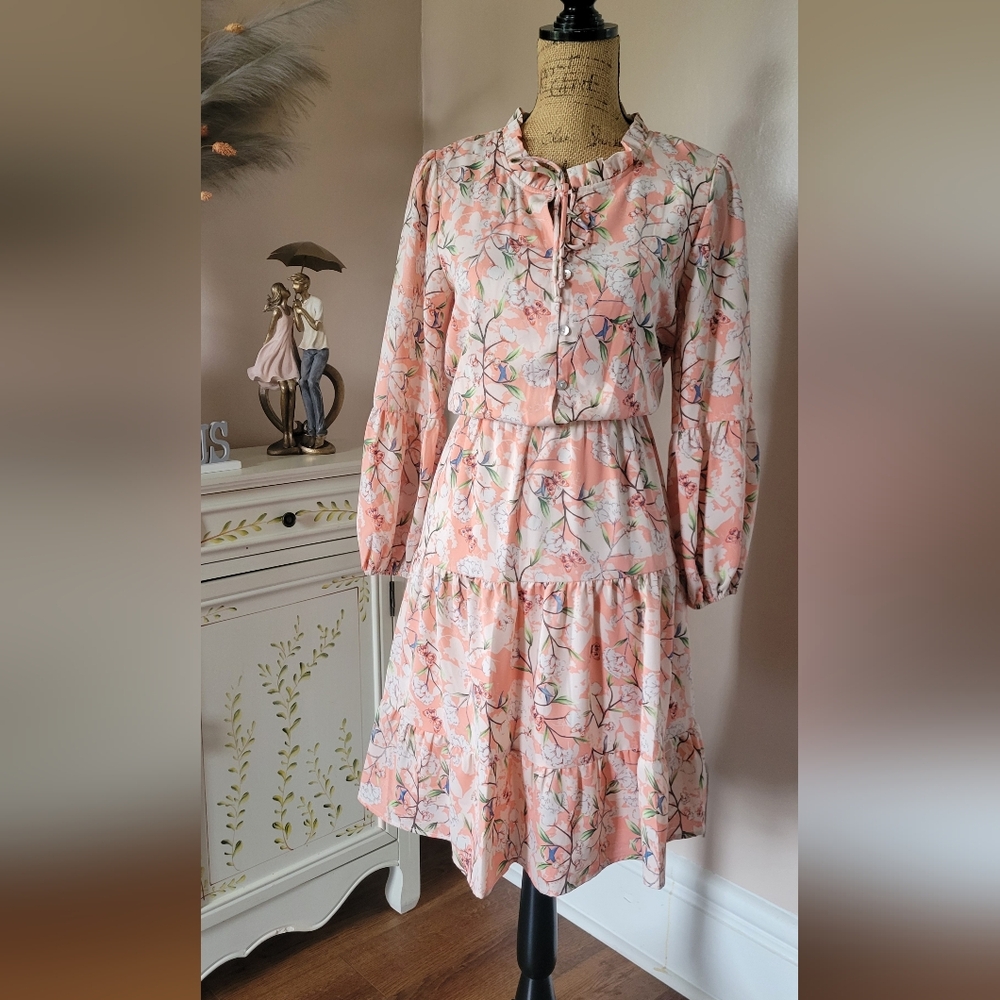 Chic Pink Floral Long Sleeve Dress